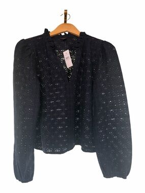 Ann Taylor Navy Lace Eyelet V-Neck Long Sleeve Top
